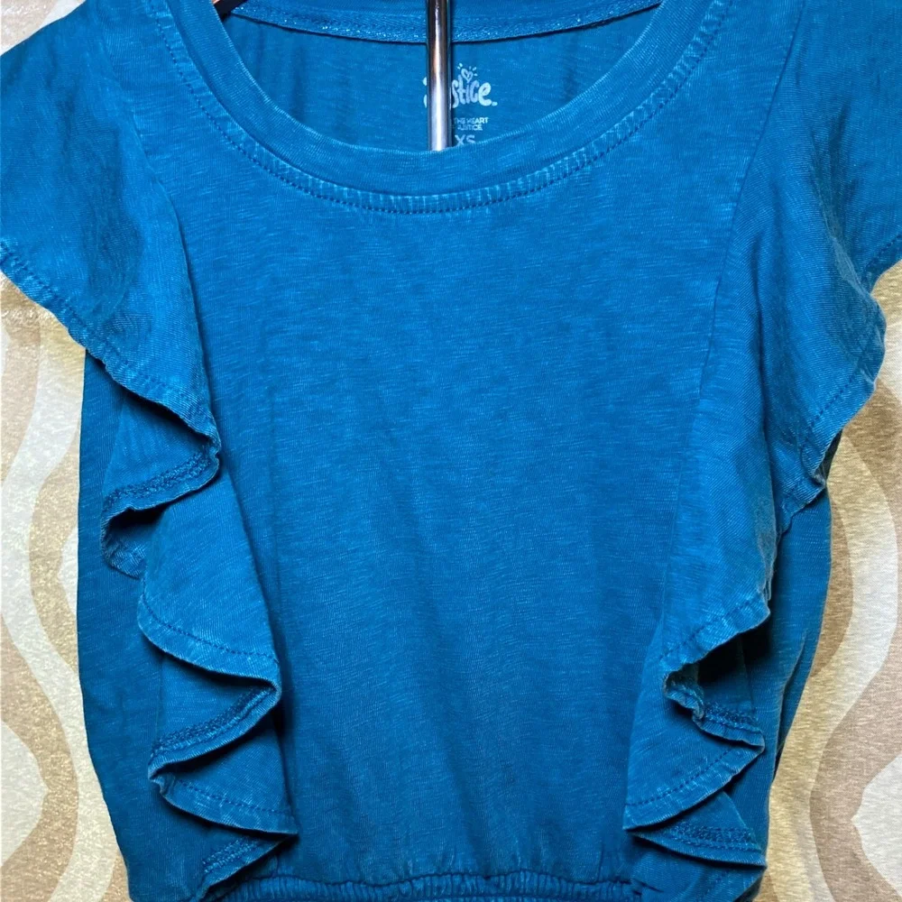 Justice Ruffle Top Girls XS Teal Blue Excellent Smocked Hem Cap Sleeve Boho